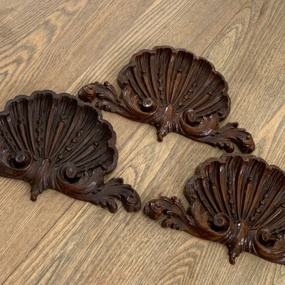 Set of 3 Vintage Faux Wood Shell Wall Plaques Rococo Scallop Ornate Brown Decor
